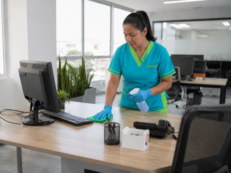 Colaboradora de Geli realizando aseo in-house en una oficina de Cali