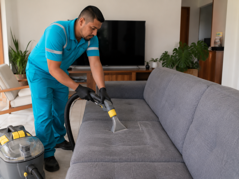 Colaborador de Geli realizando lavado especializado de tapicería con maquinaria profesional
