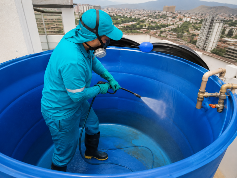 Técnico de Geli realizando lavado y desinfección de un tanque de agua potable en Cali
