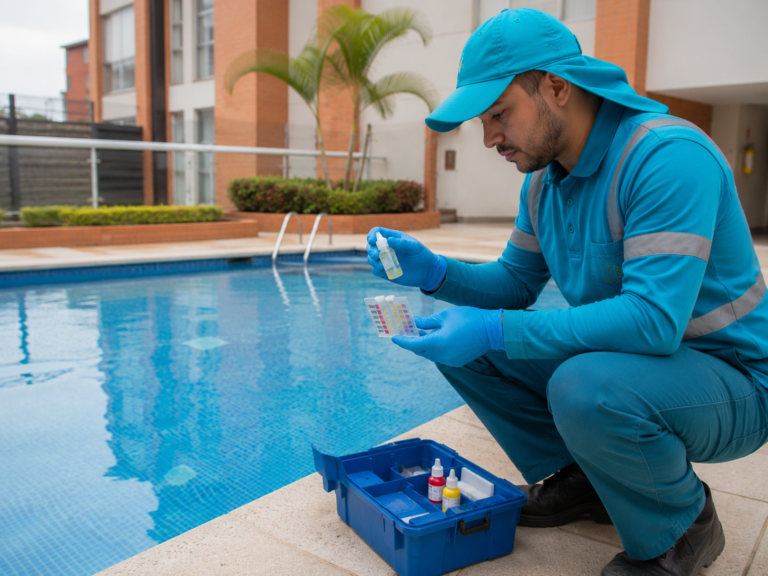 Técnico de Geli realizando análisis físico-químico del agua de una piscina en Cali