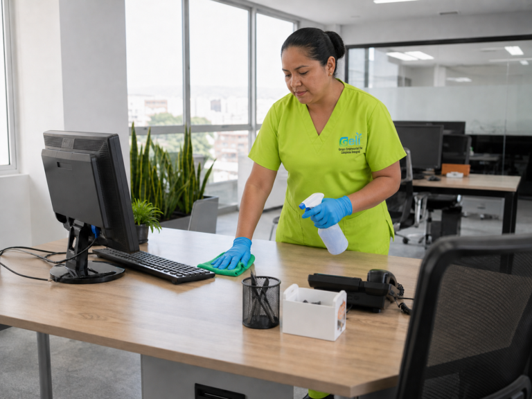 Colaboradora de Geli realizando aseo in-house en una oficina de Cali