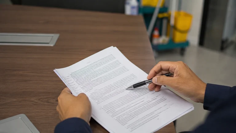 Manos revisando un contrato de servicio de aseo con anotaciones al margen
