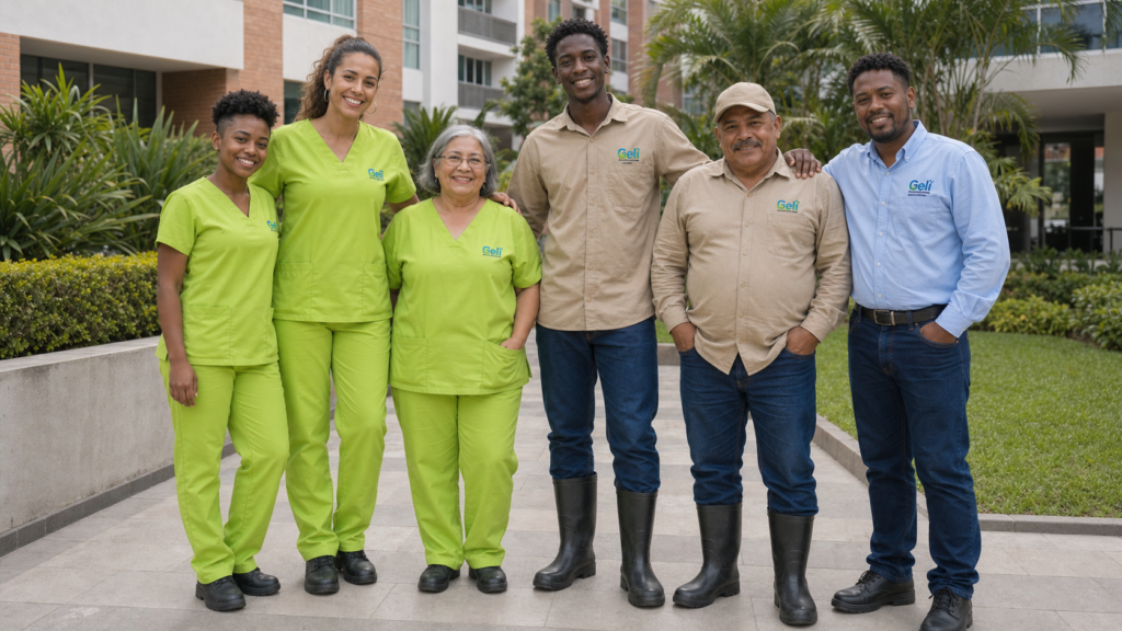 Equipo de colaboradoras de Geli uniformadas durante su jornada de trabajo en Cali