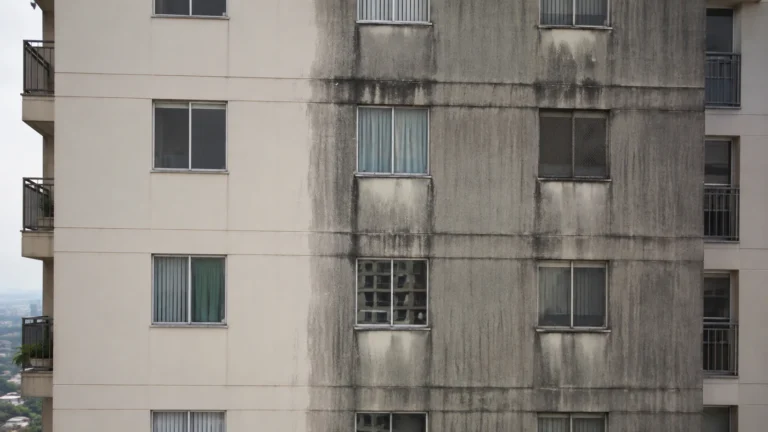 Fachada de un edificio con una franja ya lavada que contrasta con la suciedad acumulada