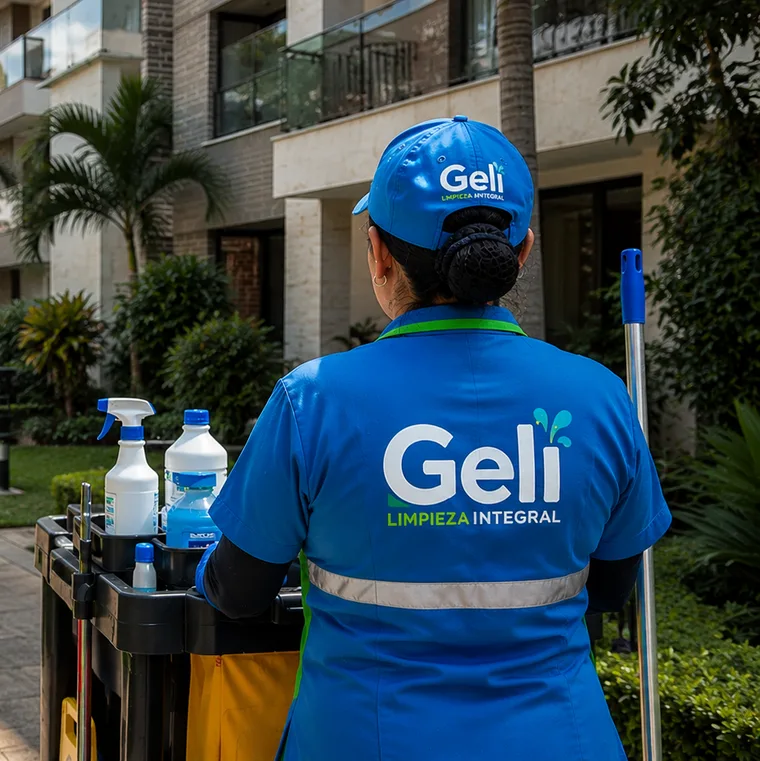 Colaboradora de Geli S.A.S. con carro de aseo en la zona común de un conjunto residencial en Cali