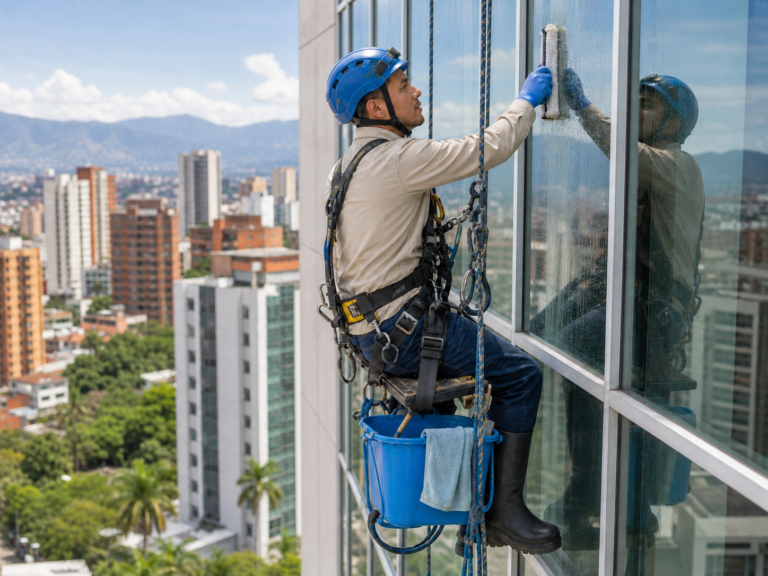 Colaborador de Geli realizando limpieza de fachada en un edificio de Cali