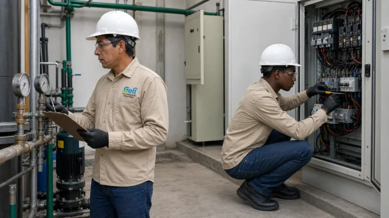 Técnico de Geli revisando un tablero eléctrico ordenado con lista de chequeo en mano