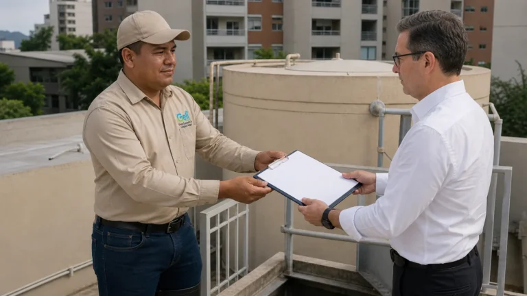 Técnico de Geli entregando el certificado de lavado del tanque a la administración de un conjunto
