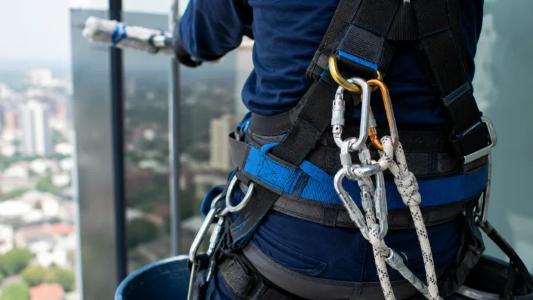 Arnés de seguridad de cuerpo completo con línea de vida anclada en trabajo de limpieza de fachada