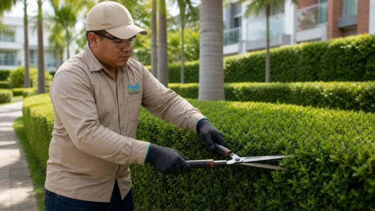 Detalle de poda ornamental con tijeras profesionales sobre un arbusto ya formado