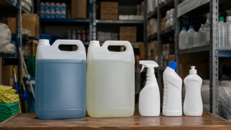 Garrafas de producto de limpieza institucional junto a envases domésticos, mostrando la diferencia de escala