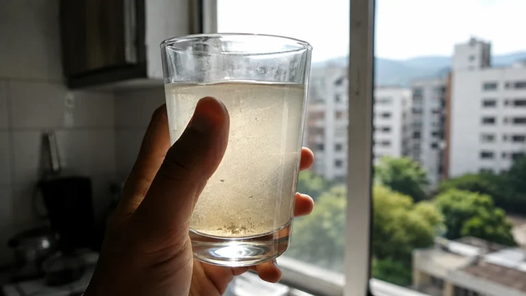 Vaso de agua turbia con sedimento en suspensión sostenido a contraluz en una cocina