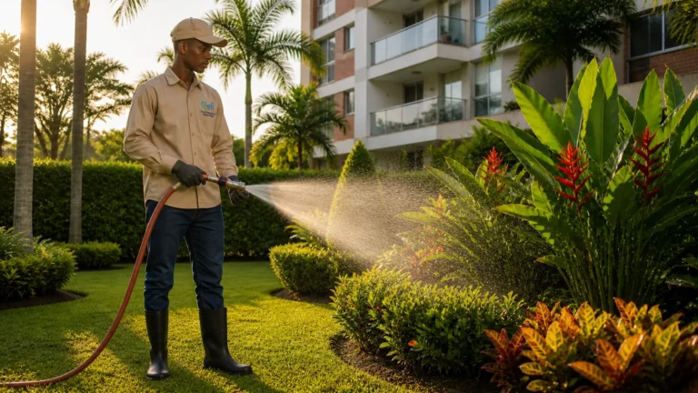 Jardinero de Geli regando la zona verde de un conjunto con vegetación tropical del Valle del Cauca